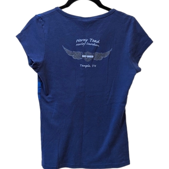 HARLEY Davidson Cap Sleeve Blue Graphic Women's Henley (M) - Picture 2 of 4